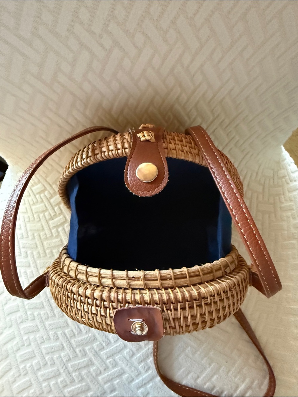 Woven Rattan Crossbody Bag with Brown Leather Trim - Unbranded